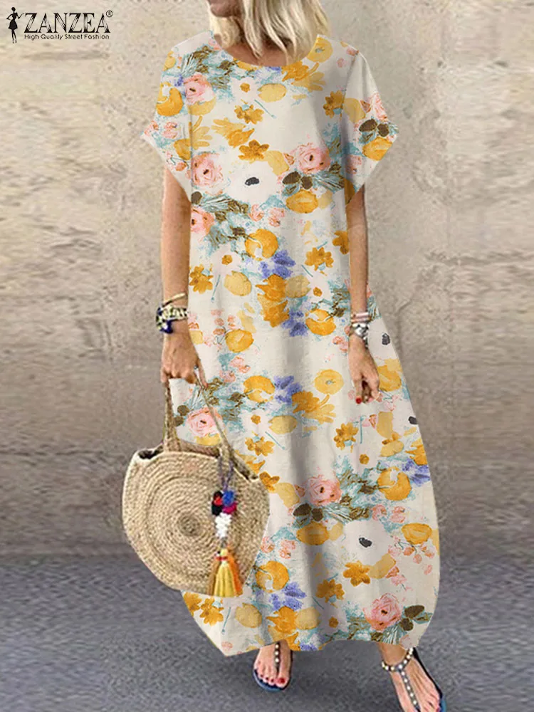 

ZANZEA Summer Bohemian Dress Women Vintage Holiday Beach Sundress Robe Femme Floral Printed Short Sleeve Casual Loose Vestido