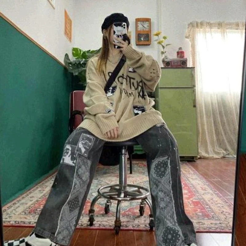 

Женские брюки, повседневные забавные летние джинсы в готическом стиле Y2k, женские свободные брюки в стиле ретро, Модные женские свободные дж...