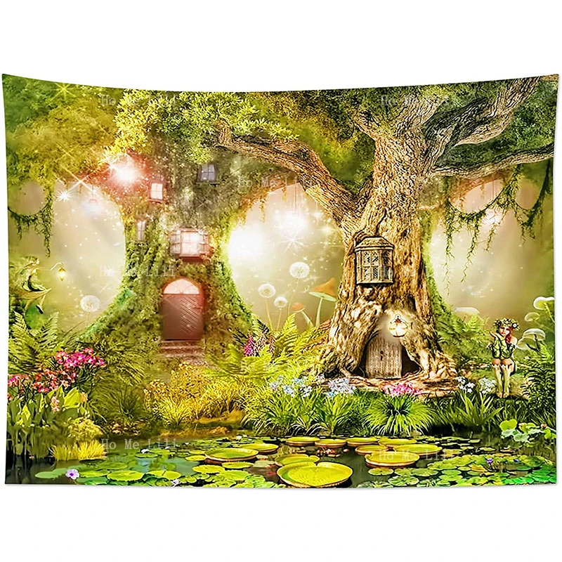 

Fairy Tale Forest Wall Hanging Psychedelic Island Lake Water Lily Pond Magic Trees Houses In Dreamland Tapestry For Bedroom Deco
