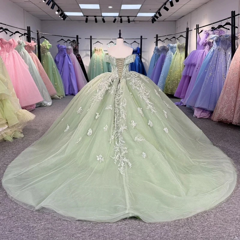 Мятно-зеленое бальное платье в форме сердца платья Quinceanera с открытыми плечами