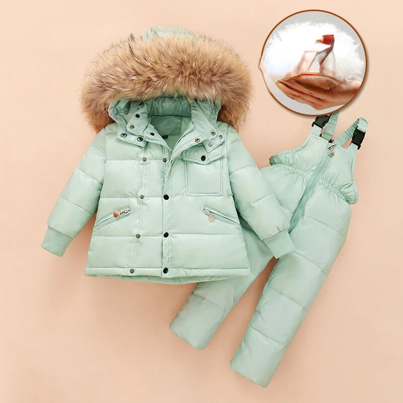 Winter Down Jacket Jumpsuit Baby Boy Parka Real Fur Girl Clothes Children Clothing Set Toddler Thick Warm Overalls Snowsuit R101