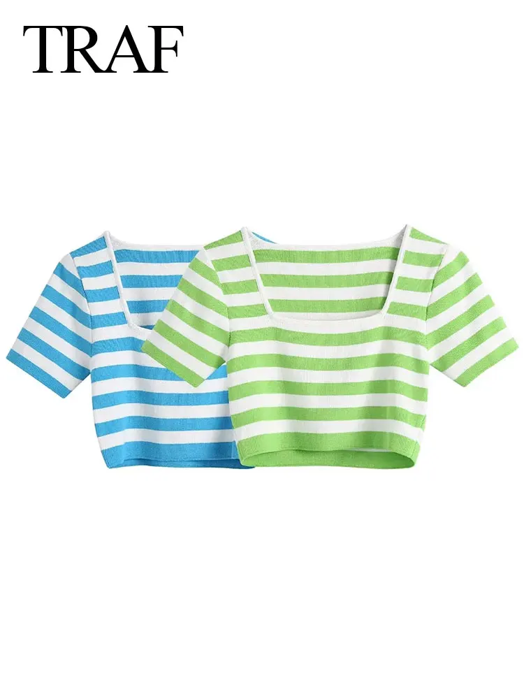 

Сексуальный облегающий женский топ в спортивном стиле TRAF с коротким рукавом, укороченный женский свитер с принтом в полоску двух цветов