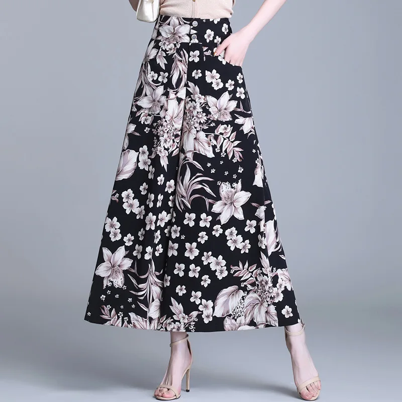 

Women Skirts Pants Vintage Print High Waist Wide Leg Trousers Ladies Elegant Loose Casual Floral Mom Pants Spring Summer 5850