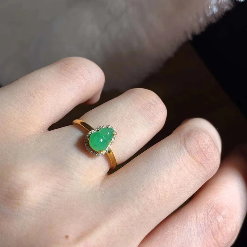

Women's ring 18K Gold Natural Green Jade Stone luxury Wedding Gourd Female Ring with certificate