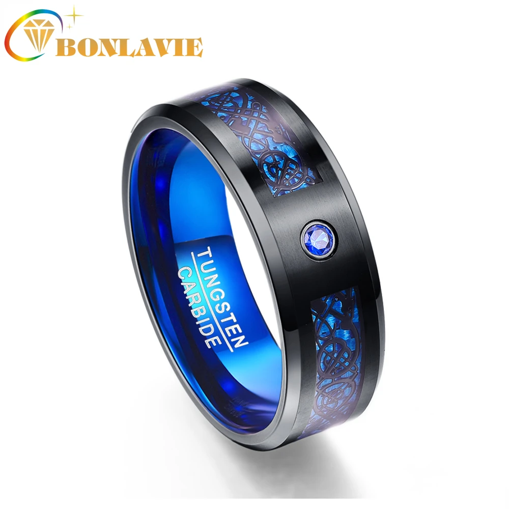 

BONLAVIE 8mm Width 2.3MM Thick Fashion Men's Blue Tungsten Carbide Ring Inlaid Black Dragon for Wedding Jewelry Gift Ring T048R