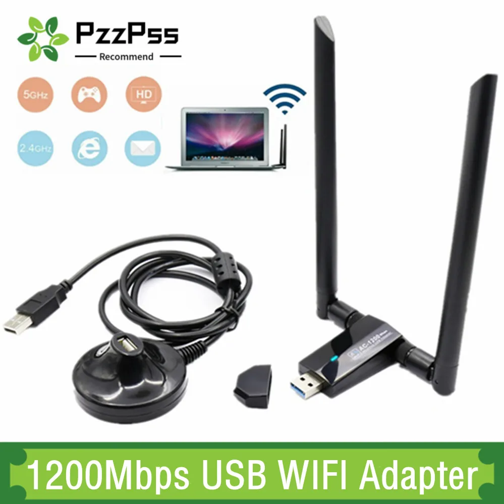 

PzzPss Wireless Network Card 1200Mbps Long Range AC1200 Dual Band 2.4G+5G Wireless USB 3.0 WiFi Adapter 802.11ac WIFI Antennas