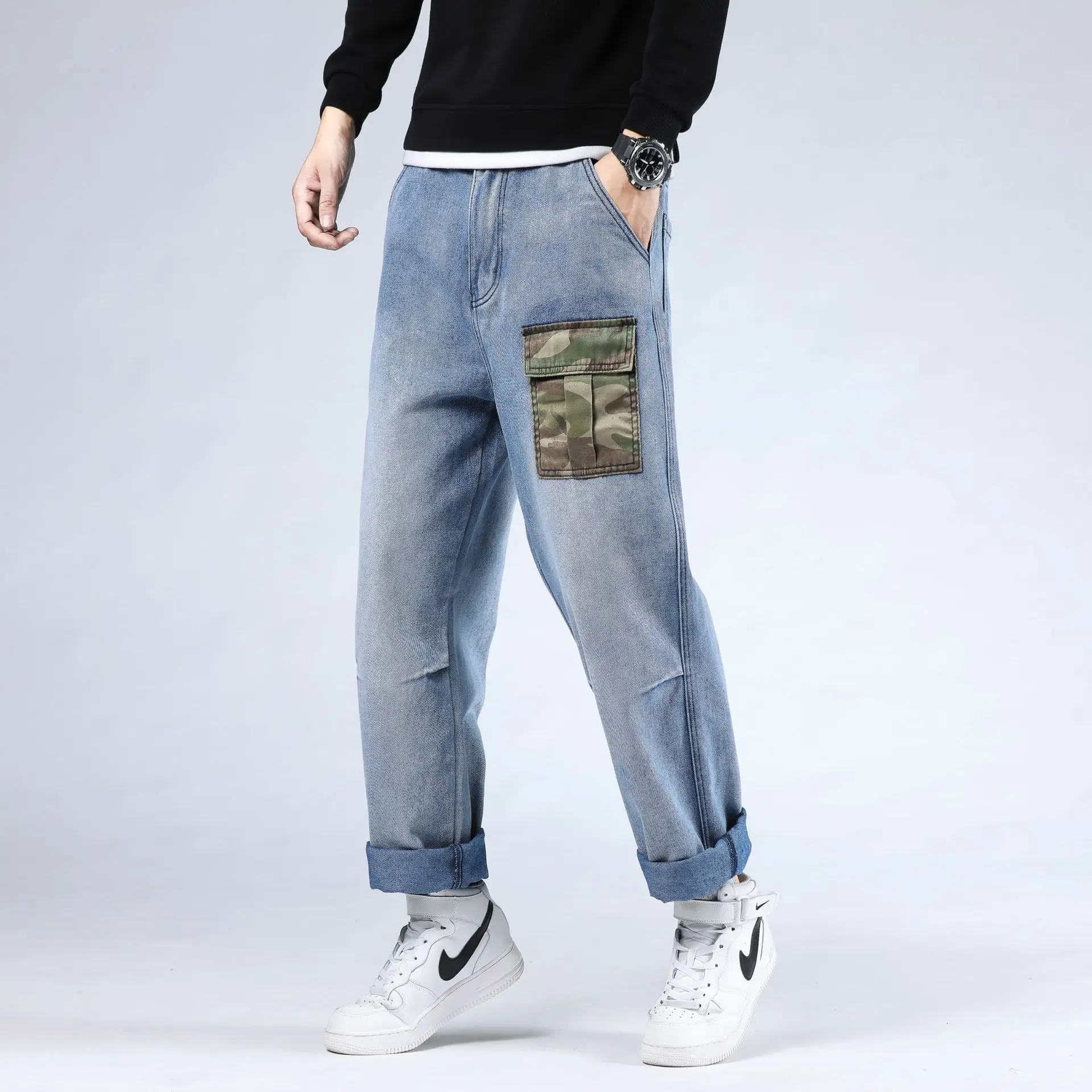 Oversize Straight Black Jeans Mens Streetwear Cotton Denim Pants Fashion Men Elasticity Jeans Wide Leg Pants Blue Loose Trousers
