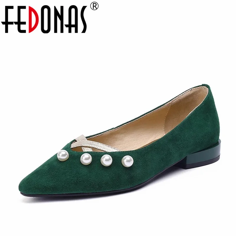 

Женские замшевые туфли с украшением FEDONAS, Зеленые простые туфли с жемчугом, элегантная обувь для офиса на лето и осень 2022