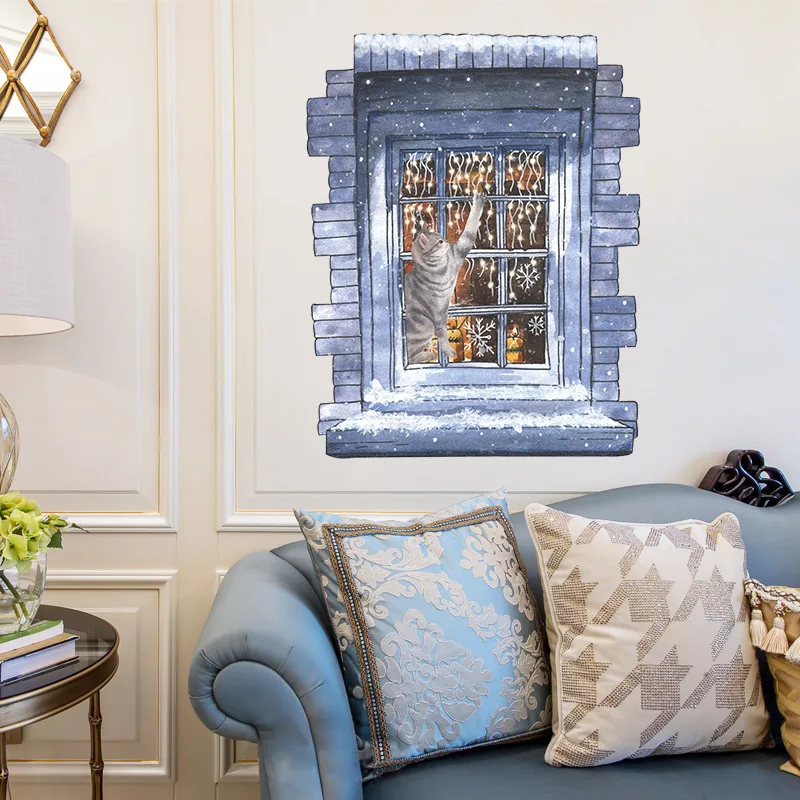 

Winter atmosphere painted cat fake window snow living room porch DIY home wall decoration PVC wall stickers wallpaper