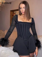 cjfhje mesh feather corset long sleeve top women sexy t shirt 2022 spring summer clothes see through tees y2k bodice