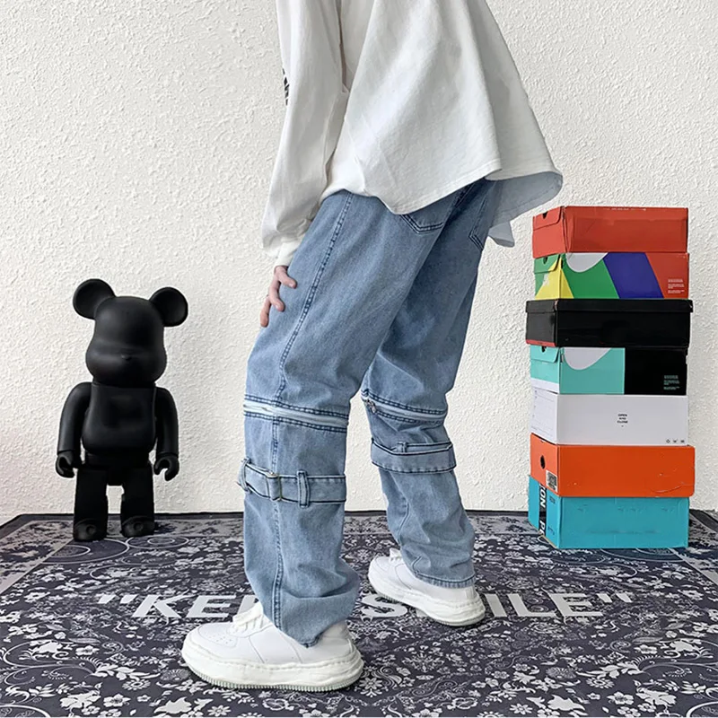 Detachable Baggy Jeans Men Straight Wide Pants Fashion High Street Hip Hop Blue Denim Trousers Oversize Bottoms Male Y2K Clothes