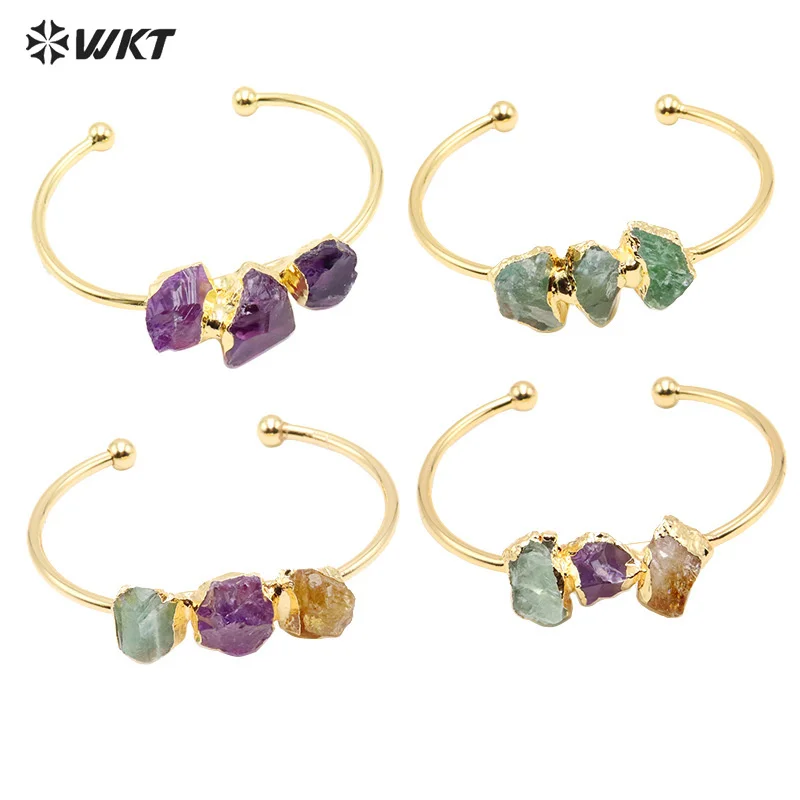 

WT-B649 Wholesale New Design Natural Raw Amethyst Green Tourmaline Yellow Citrine Quartz Stone Bangle In 10PCS