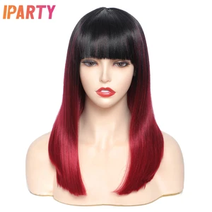 Iparty Ombre Claret Synthetic Machine 18 Inches Short Straight Wigs With Bangs For Women Heat Resistant Fibers Multi Color Daily