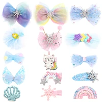 15 pcset fashion mesh snowflake hair bows hair clip kid girl princess boutique hairpin blue hair scrunchie hair accessories