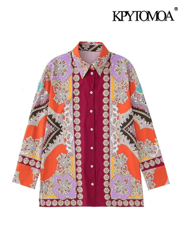 

KPYTOMOA Women Fashion With Side Vents Printed Flowing Shirts Vintage Long Sleeve Button-up Female Blouses Blusas Chic Tops