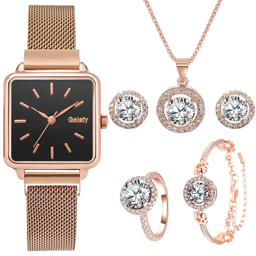 Часы женские из нержавеющей стали с браслетом и ожерельем, 5 комплектов