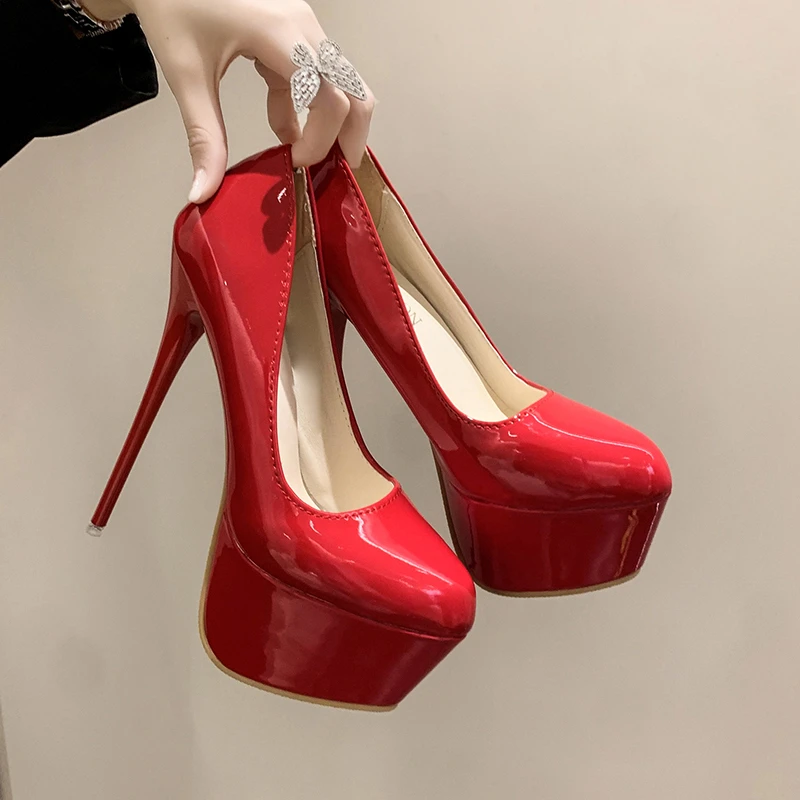 

New Platform Heels Wedding Shoes Woman Sexy Thin High Heels 16cm Pumps Women Patent Leather Ladies Shoes Plus Size 43