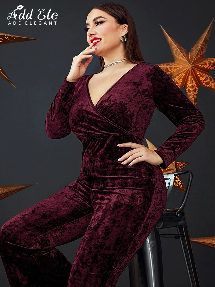 Add Elegant Plus Size Rompers Jumpsuits for Women 2022 Autumn Loose Deep V-Neck Waist Pleated Design Long Sleeve Clothing B1074