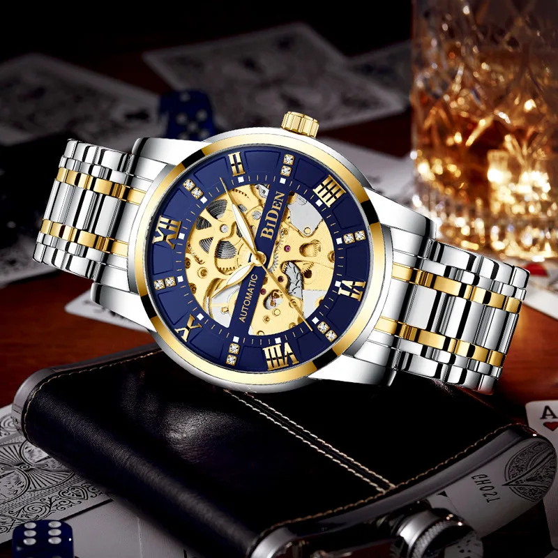 

Мужские часы автоматические механические часы-скелетоны стальной ремешок водонепроницаемые модные светящиеся Мужские часы с иглой