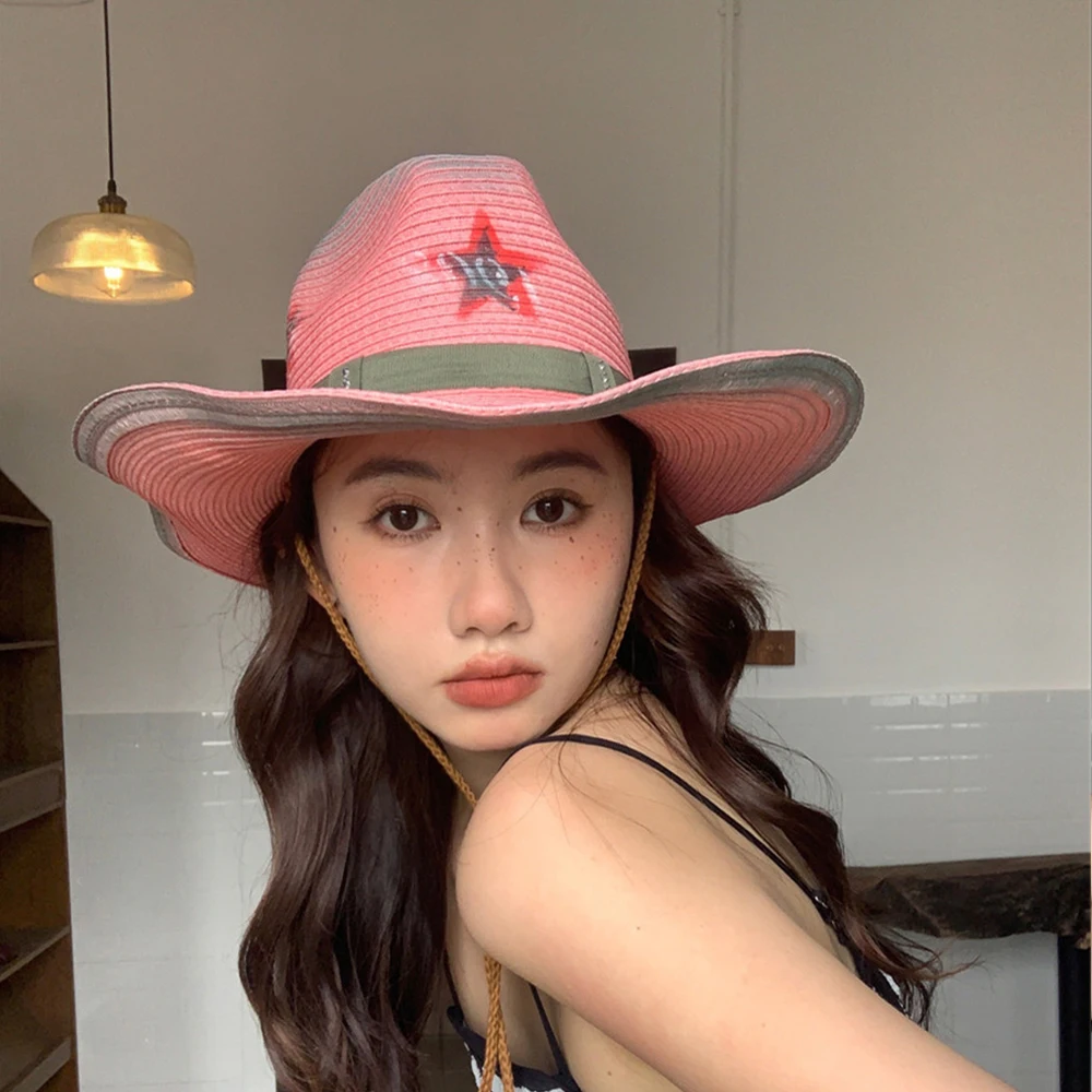 Pink Cowgirl Hat Western Cowboy Hat Hot Girl Straw Hat Top Hat Jazz Hat Festival Celebration Pentagram Party Beach Accessories