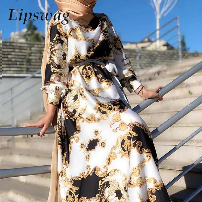 Retro Pattern Print Casual Pullover Long Dress Fashion Women Long Sleeve Loose Beach Dress 2023 Elegant Lace-up Maxi Party Dress