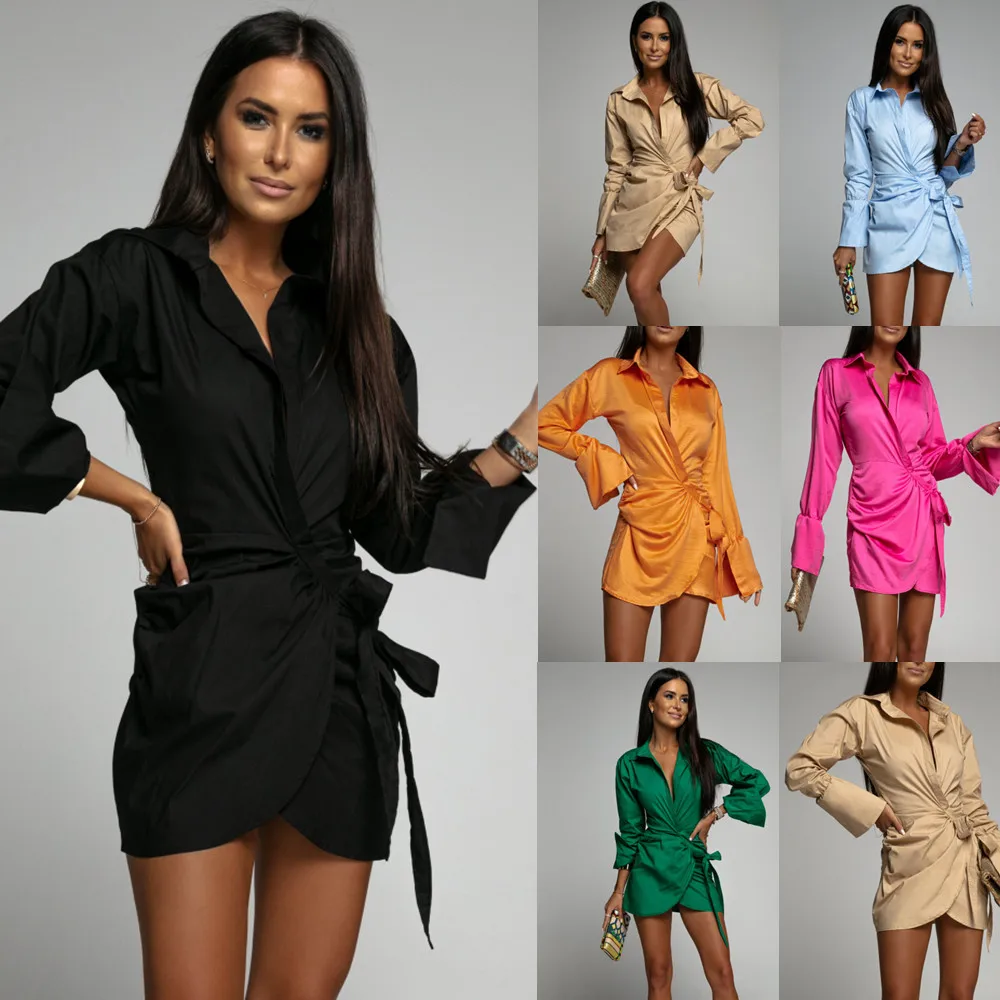 

Autumn fashion long-sleeved solid color V-neck shirt dress women's flared sleeve laced shirt dress drawstring asymmetric dress