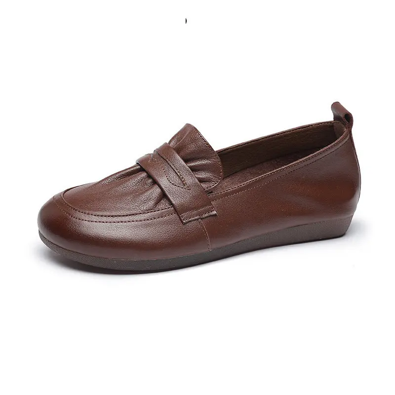 

2.5cm Retro Pleated Sewing Genuine Leather Autumn Shallow Comfy Women Soft Flat Mary Jane Oxfords Loafers Round Toe Shoes