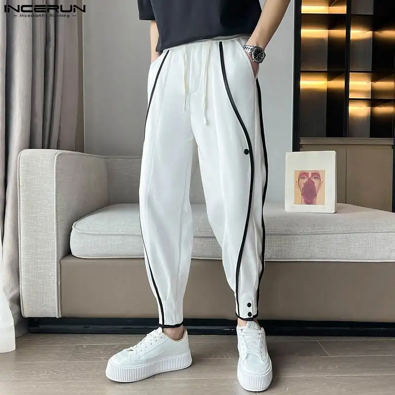 

INCERUN 2023 Korean Style Men's Snap Closure Leggings Trousers Fashion Male Contrasting Color Stitching Sports Long Pants S-5XL
