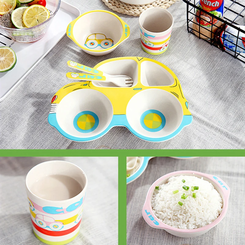 Baby Feeding Bowl Children Tableware Set Cute Cartoon Car Shape Dishes Plate with Spoon Fork for Eating Training enlarge