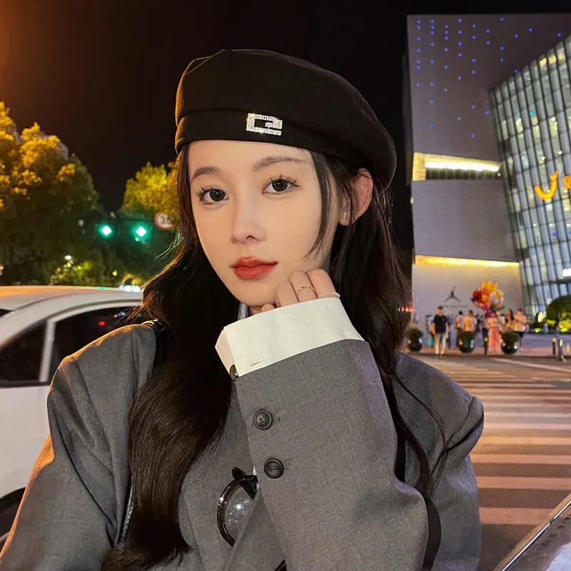 

Korean Style Spring and Autumn Hat Women's Fashion Light Diamond Woolen Beret Online Influencer Refined Painter Cap Winter Warm