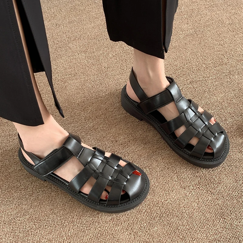 

Rimocy Hollow Out Weave Gladiator Sandals Women 2022 Summer Comfort Low Heels Sandals Woman Pu Leather Slingback Sandalias Mujer