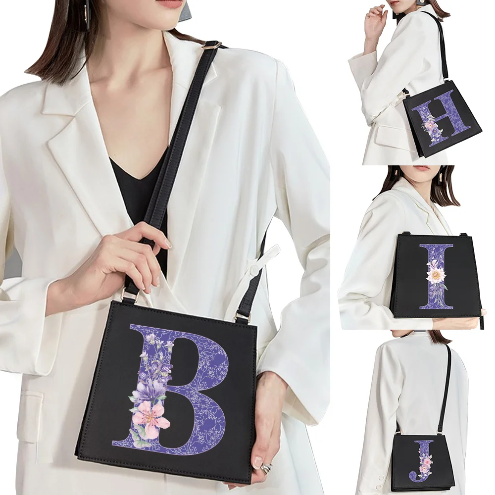 

2022 Fashion Woman Brand Purple Flower Commuter Shoulder Bag Initial Name Letter Pattern Print Bag Square Ladies Basic Tote Bag