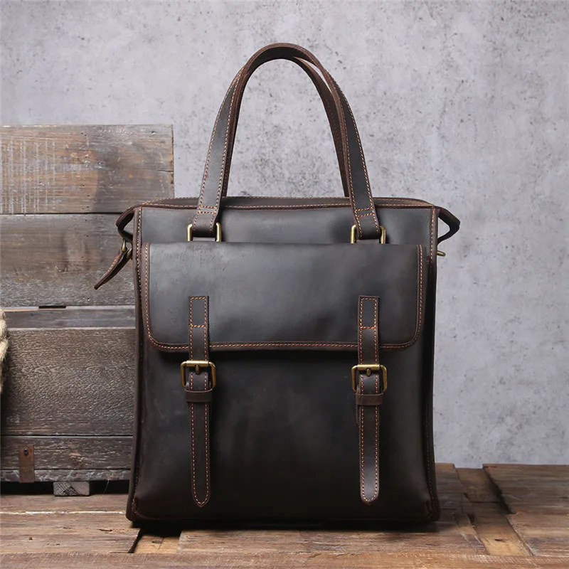 Vintage crazy horse cowhide men briefcase outdoor travel work multifunctional handbag designer natural genuine leather backpack