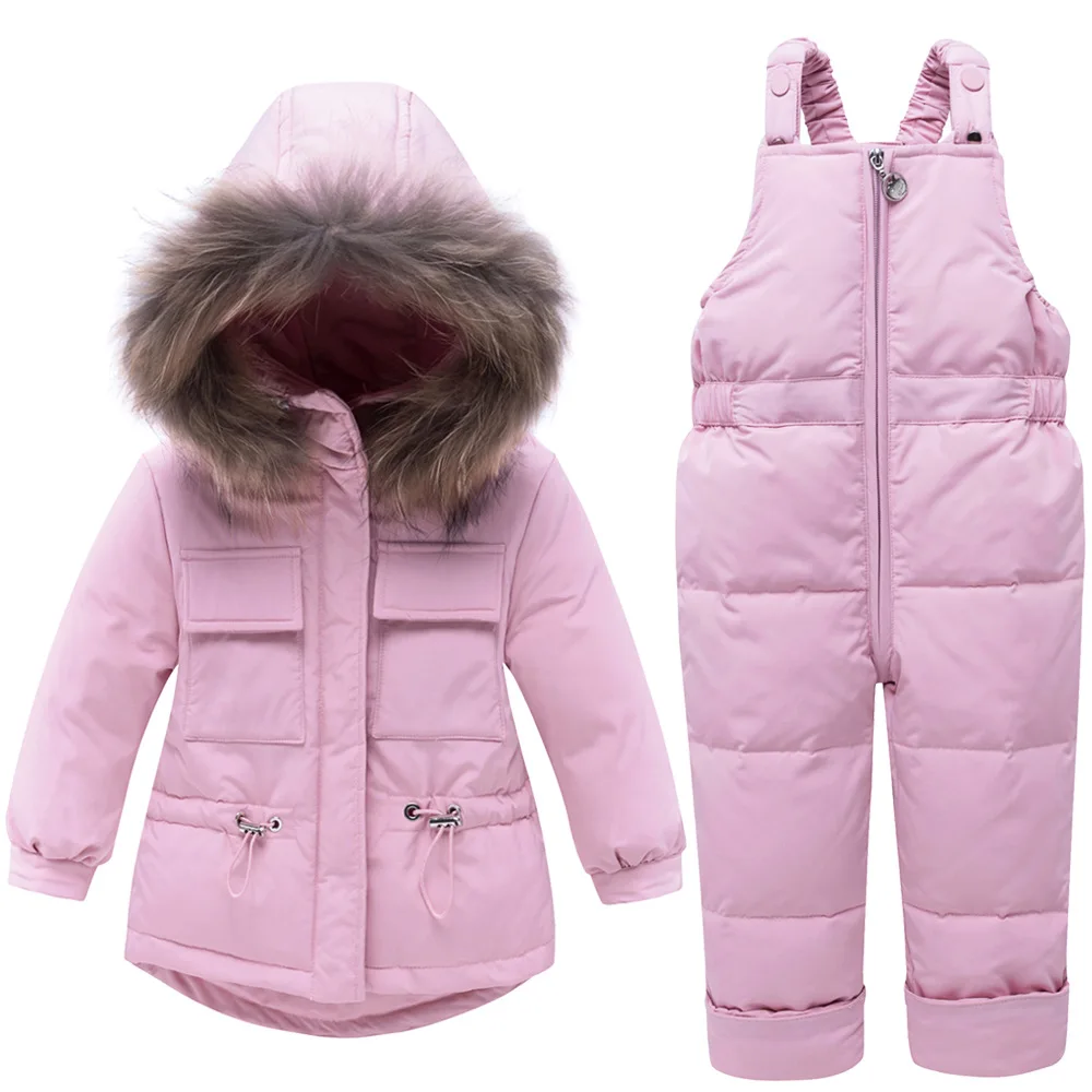 Children's Down Jacket Suit Girls With Raccoon Fur Collar Ski Suit Baby Boy Warm Down Jacket Coat Snowsuit Kid Overalls Overcoat