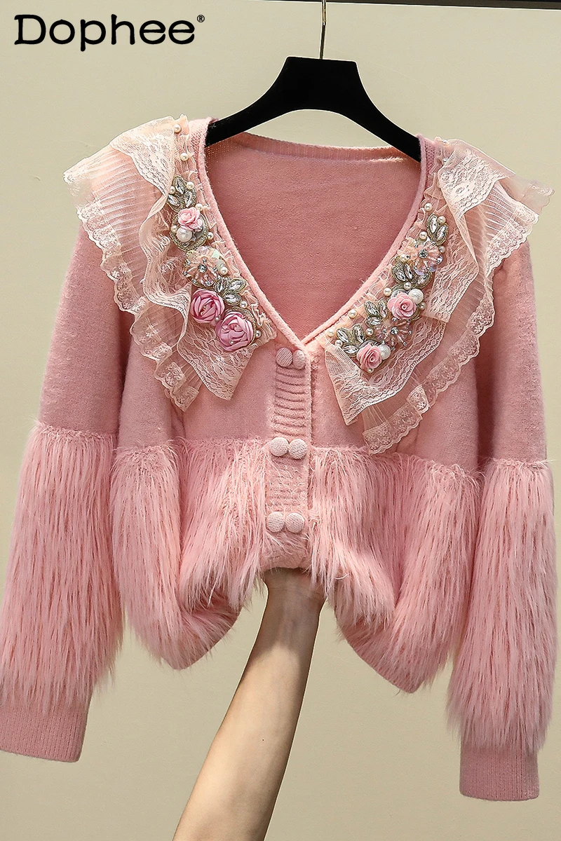 

Sweet Pink Exquisite Rhinestone Ruffled Pink Sweater Coat Female Winter New Three-Dimensional Decoration Knitted Cardigan Jacket