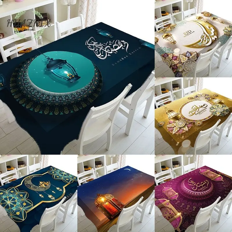 

Muslim Ramadan Table Cloth Rectangle Kitchen Tablecloth Crescent Lantern Waterproof Festival Party Table Cover Accessory Decor