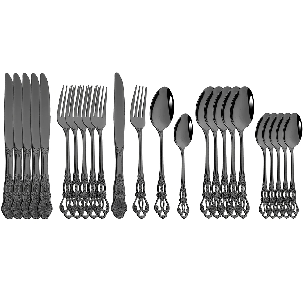 

24Pcs Cutlery Set Mirror Black Dinnerware Stainless Steel Royal Spoon Fork Knife Kitchen Western Dinner Flatware Tableware Gift