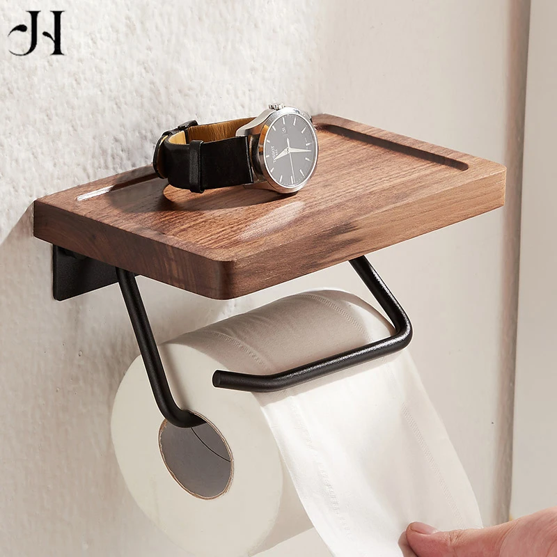 

Metal Wood Tissue Holder Wall-mounted Paper Holders Shelf Black Walnut Toilet Paper Holder Paper Roll Holders Wall Storage Rac