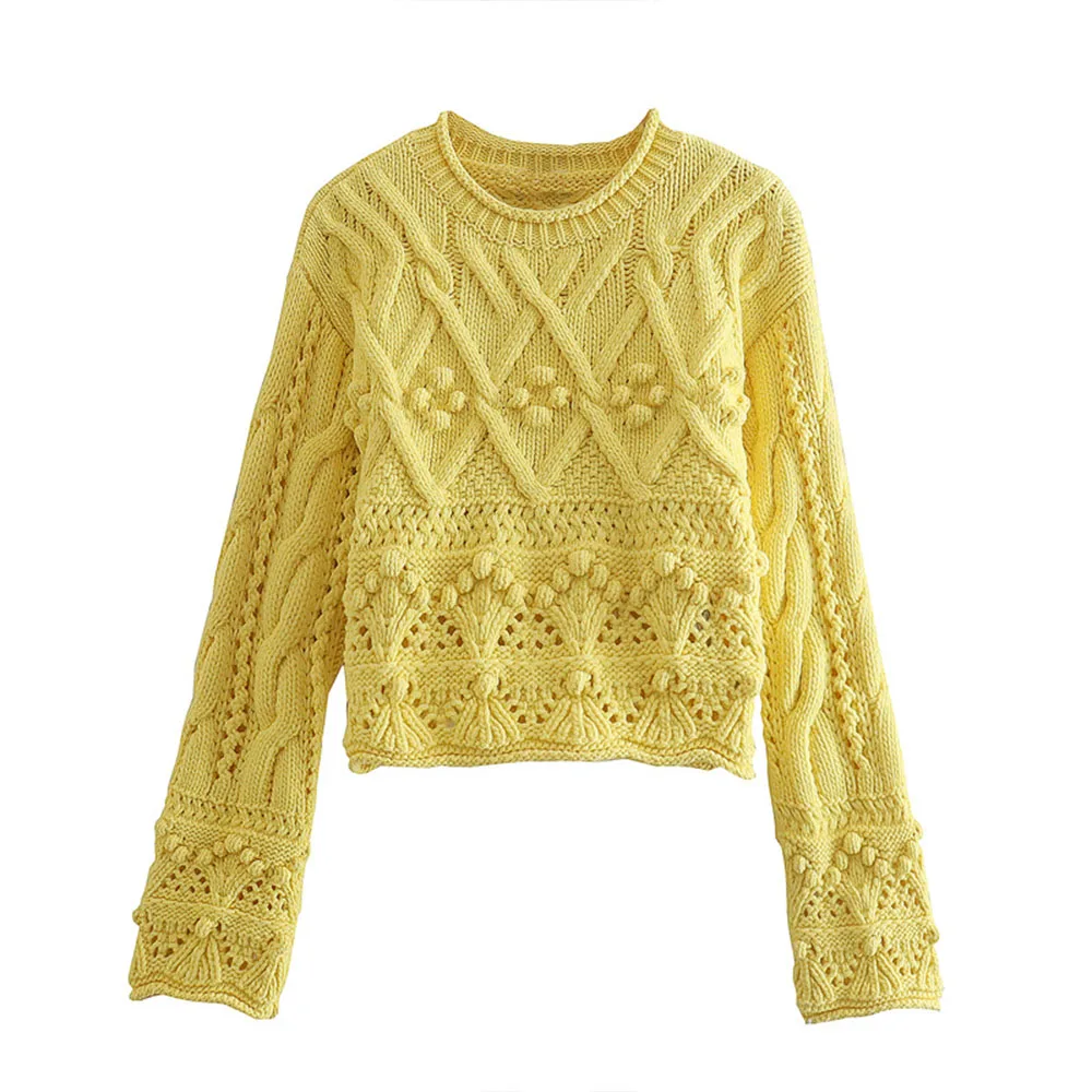 

2022 New Women Sweet Fashion Twisted Rope Hollow Knit Shirts Vintage Long Sleeve Shirts Chic Tops