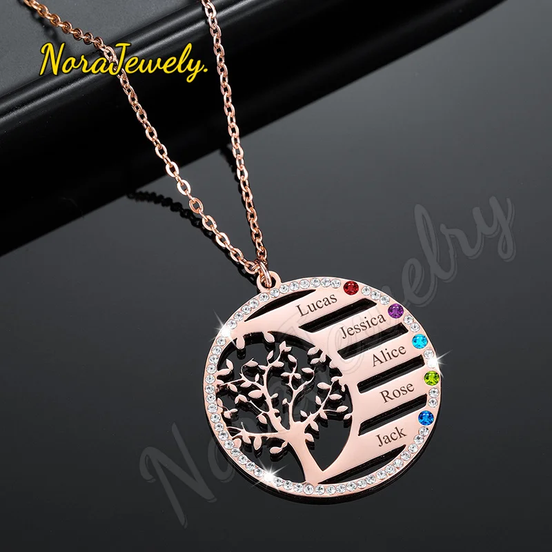 NORAJewelry Personalized Family Tree Name Necklace With Birthstone Crystal Pendant Engrave Name Chain Stainless Steel Jewelry