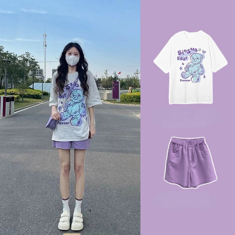 

Летняя одежда, женский свободный топ с принтом и короткими рукавами, шорты с широкими штанинами, брюки-пять предметов, комплект из двух предметов 2023 y2k