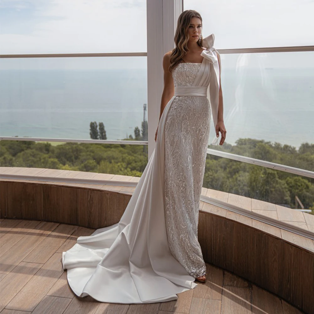 

RANMO Chic Sheath Floor Length Wedding Dress With Detachable Court Satin Tran 2 In 1 Modern Bridal Gown Sleeveless Formal Gown