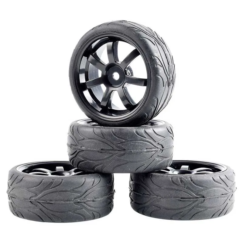4Pcs RC Car Wheel Rim and Tire Touring Tires Flat Run Tire For 1/10 Scale Models Room Rally Cars Traxxas HSP Tamiya HPI Kyosho