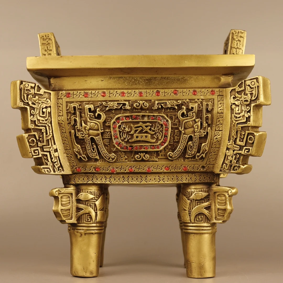

8"China Feng Shui Seikos Brass square shape Tripod Nine Words Tripod binaural Ding Furnace beast texture Gather fortune Ornament