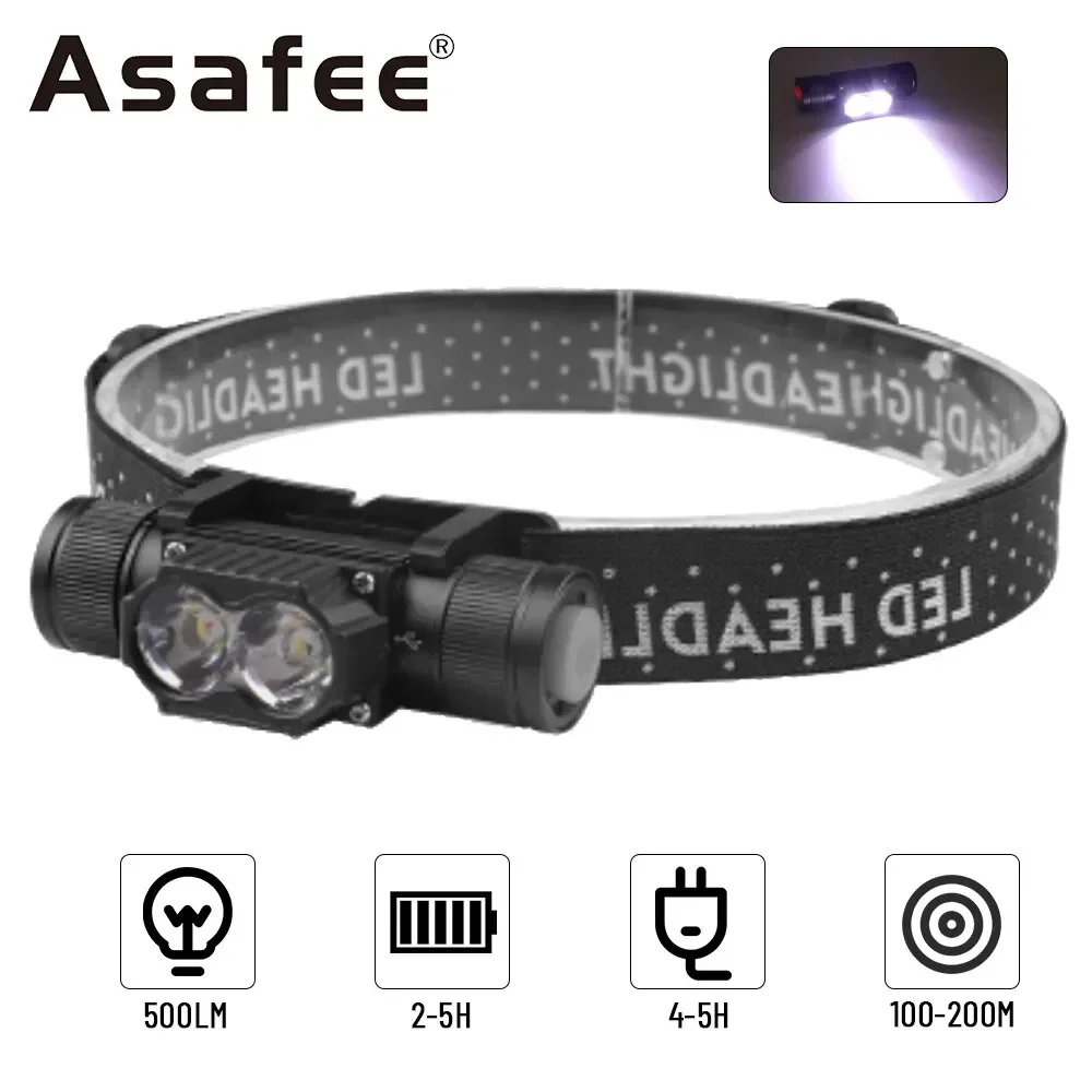 

Asafee SY5842 T6 LED 500LM Headlamp Waterproof Headlight SOS Light Built-in Battery Type-c Rechargeable Lamp 180° Adjustment
