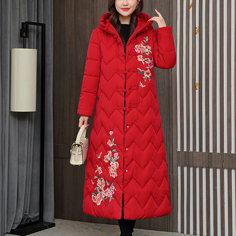 Parka Women Embroidered Clothes Lengthened Over Knee Loose Cotton Padded Jacket Chinese Style National Style Jacket