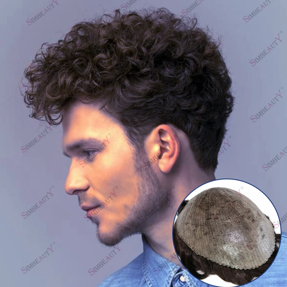 

Human Hair PU Skin Curly Hair Men's Toupee 130% Density Indian Hair Natural Prosthesis System Hair Replacement Male Wig