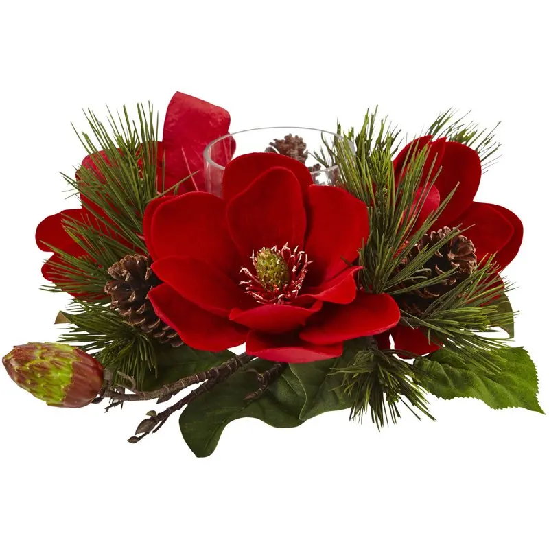

Red Magnolia and Pine Candelabrum Artifiical Flower Arrangement