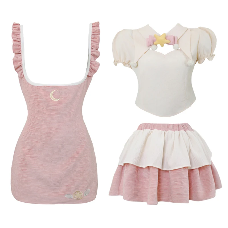 

Милая женская короткая бежевая футболка, розовая мини-юбка с буффами на рукавах, с вышивкой в виде полумесяца, украшение в виде звезды и банта, милая Одежда для девочек