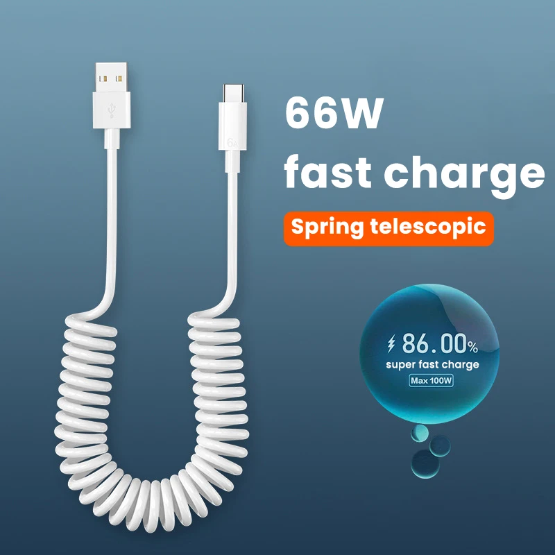 1 м пружинный USB-кабель для iPhone 13 12 Pro Max выдвижной 6A Тип C Micro USB зарядный кабель Xiaomi